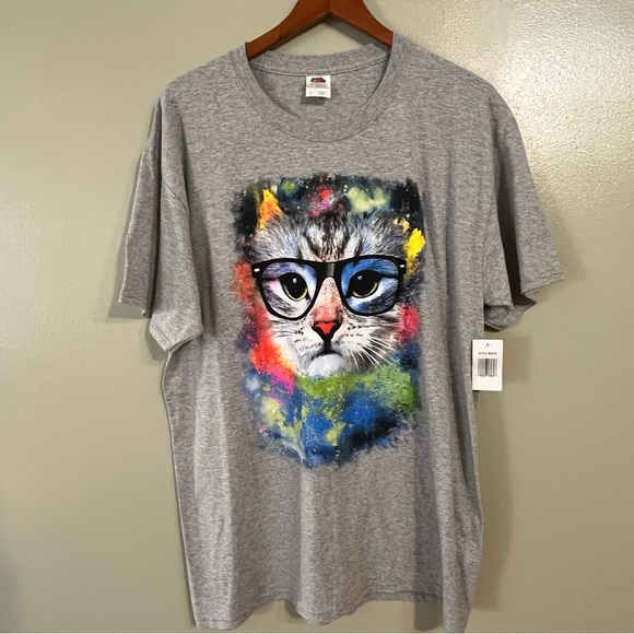 Fruit Lum VTG 2000 Gray Cat In Glasses  Graphic T-Shirt Womens Cotton L NWT - Picture 1 of 9